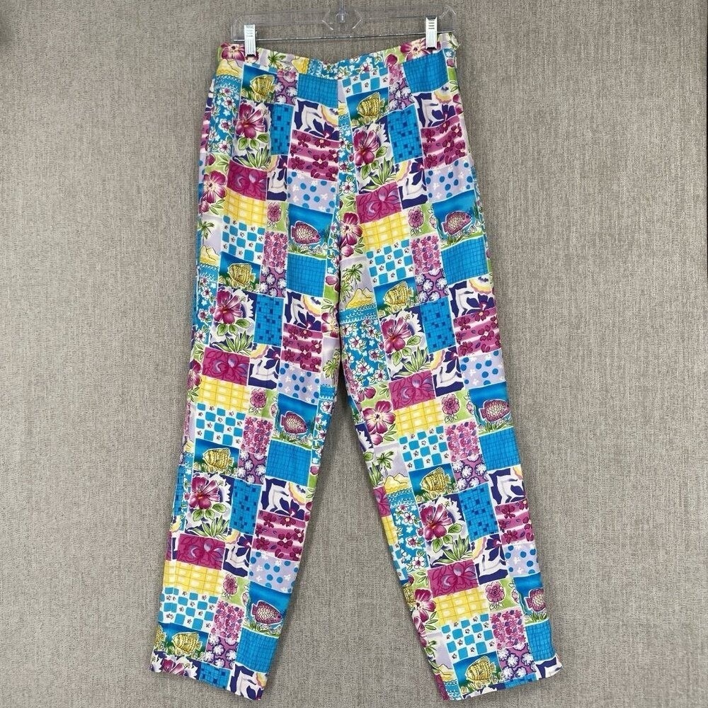 SILKLAND Pants Womens 10 Multi Tropical Patchwork Fish Floral Pure Silk Straight